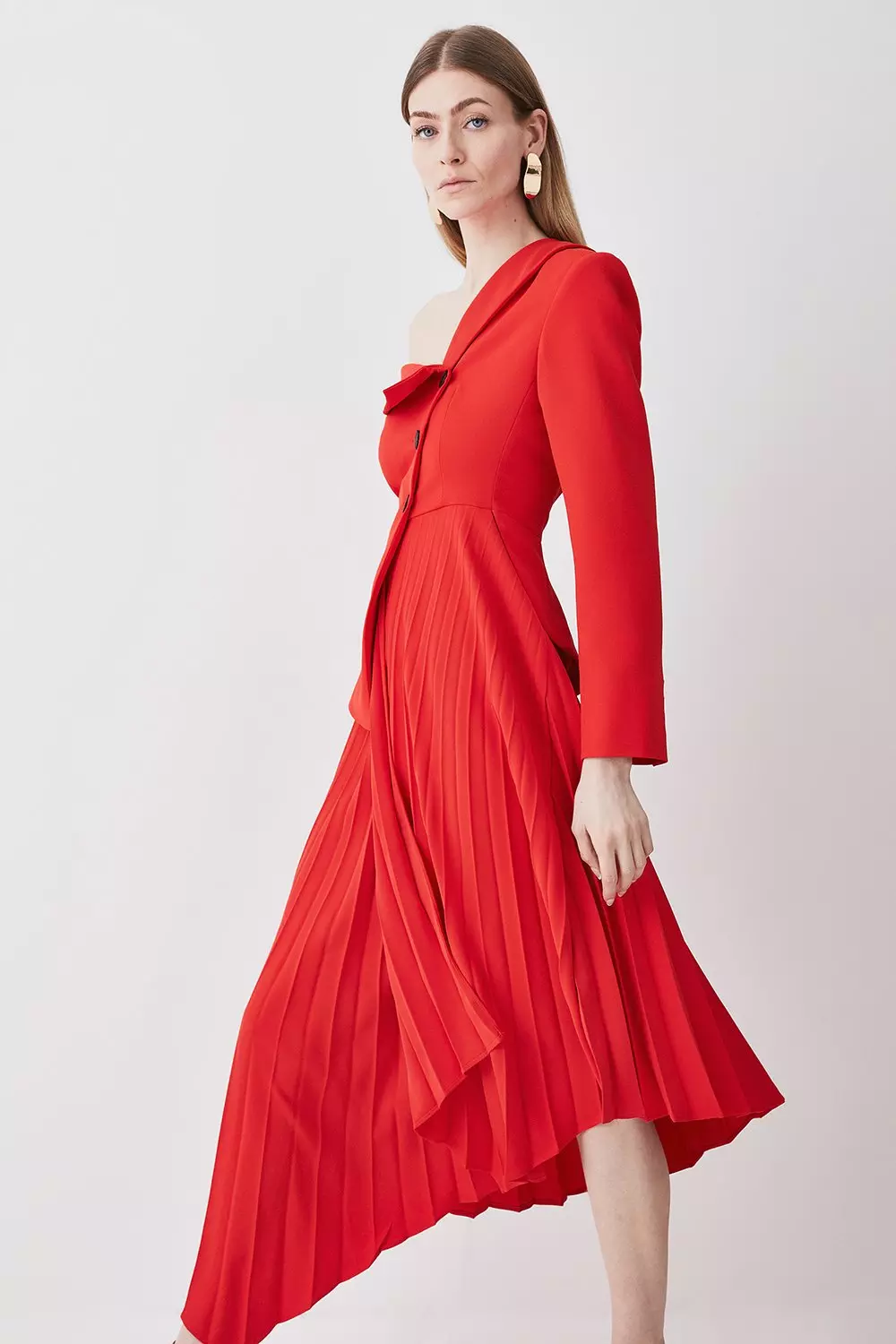 Tailored Crepe Asymmetric Pleated Midi Dress Karen Millen