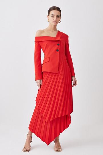 Petite Tailored Crepe Asymmetric Pleated Midi Dress red