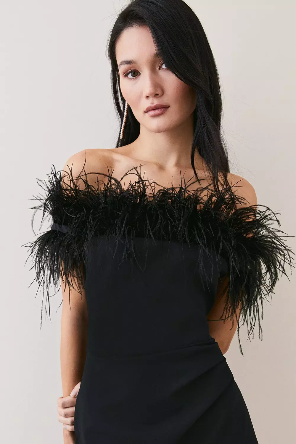 Petite Feather Off The Shoulder Stretch Crepe Maxi Dress