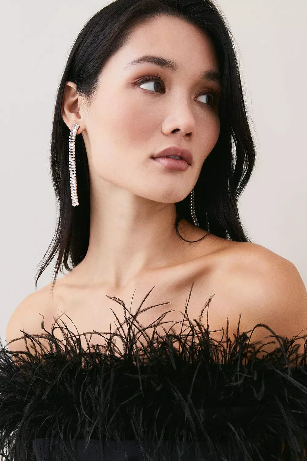 Petite Feather Off The Shoulder Stretch Crepe Maxi Dress