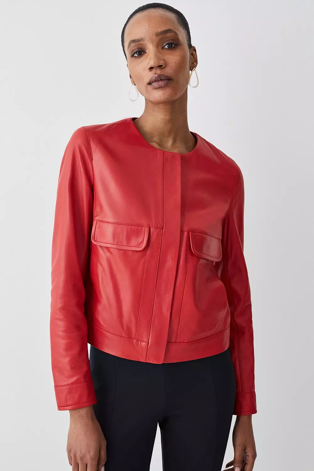 Leather Collarless Pocket Detail Jacket Karen Millen