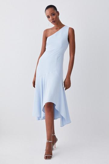 One Shoulder Soft Tailored High Low Midi Dress pale blue