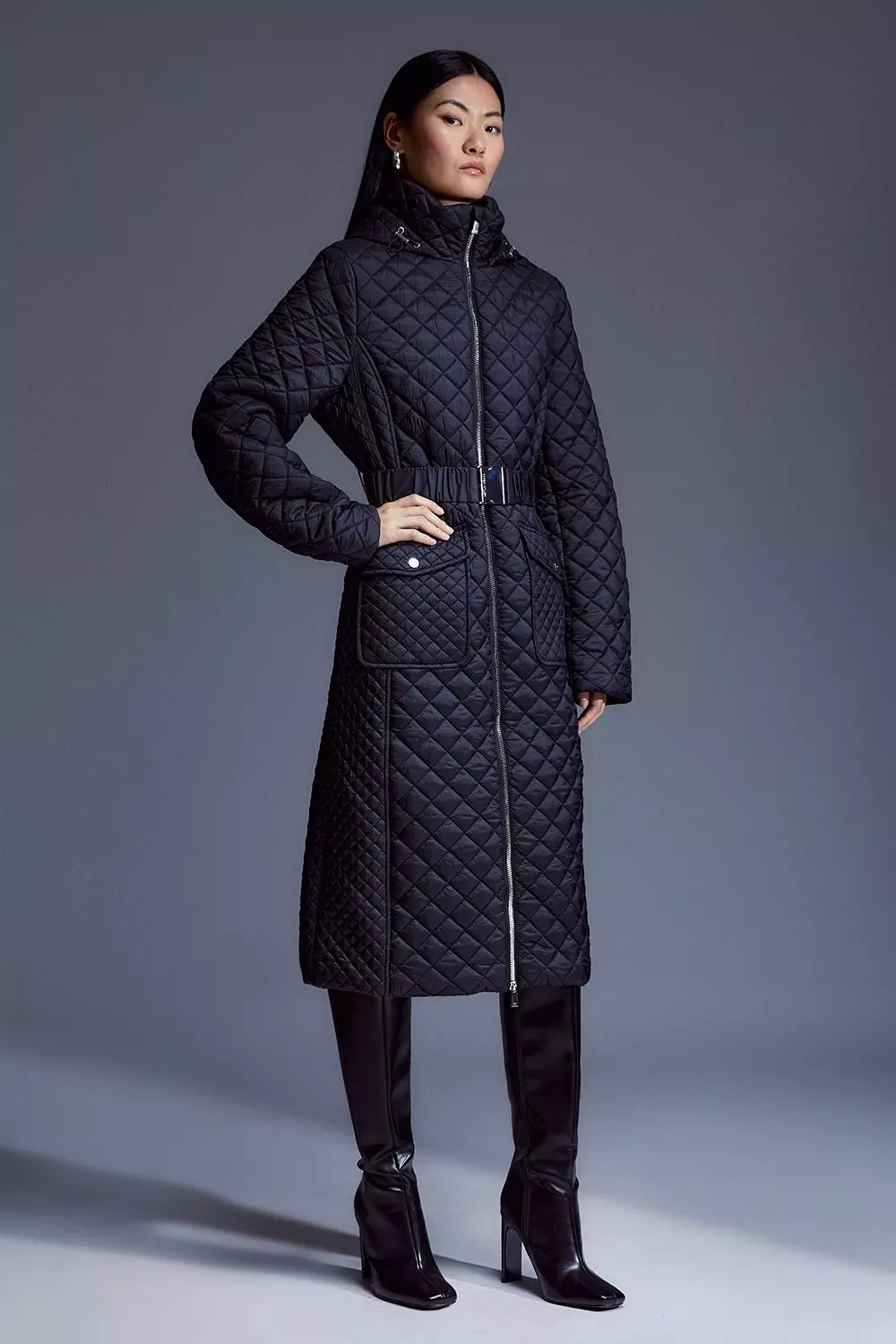 Black Lightweight Diamond Quilt Belted Hooded Longline Coat alternative image