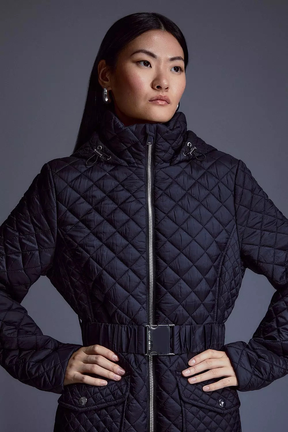 Black Lightweight Diamond Quilt Belted Hooded Longline Coat alternative image