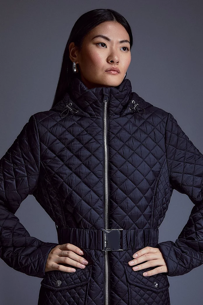 Lightweight Diamond Quilt Belted Hooded Longline Coat Lightweight Diamond Quilt Belted Hooded Longline Coat