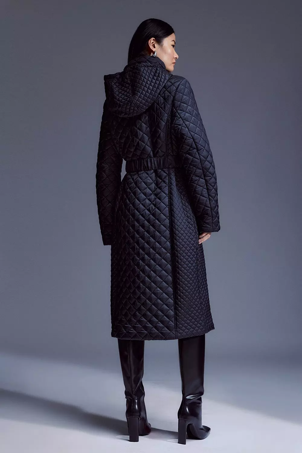 Black Lightweight Diamond Quilt Belted Hooded Longline Coat alternative image