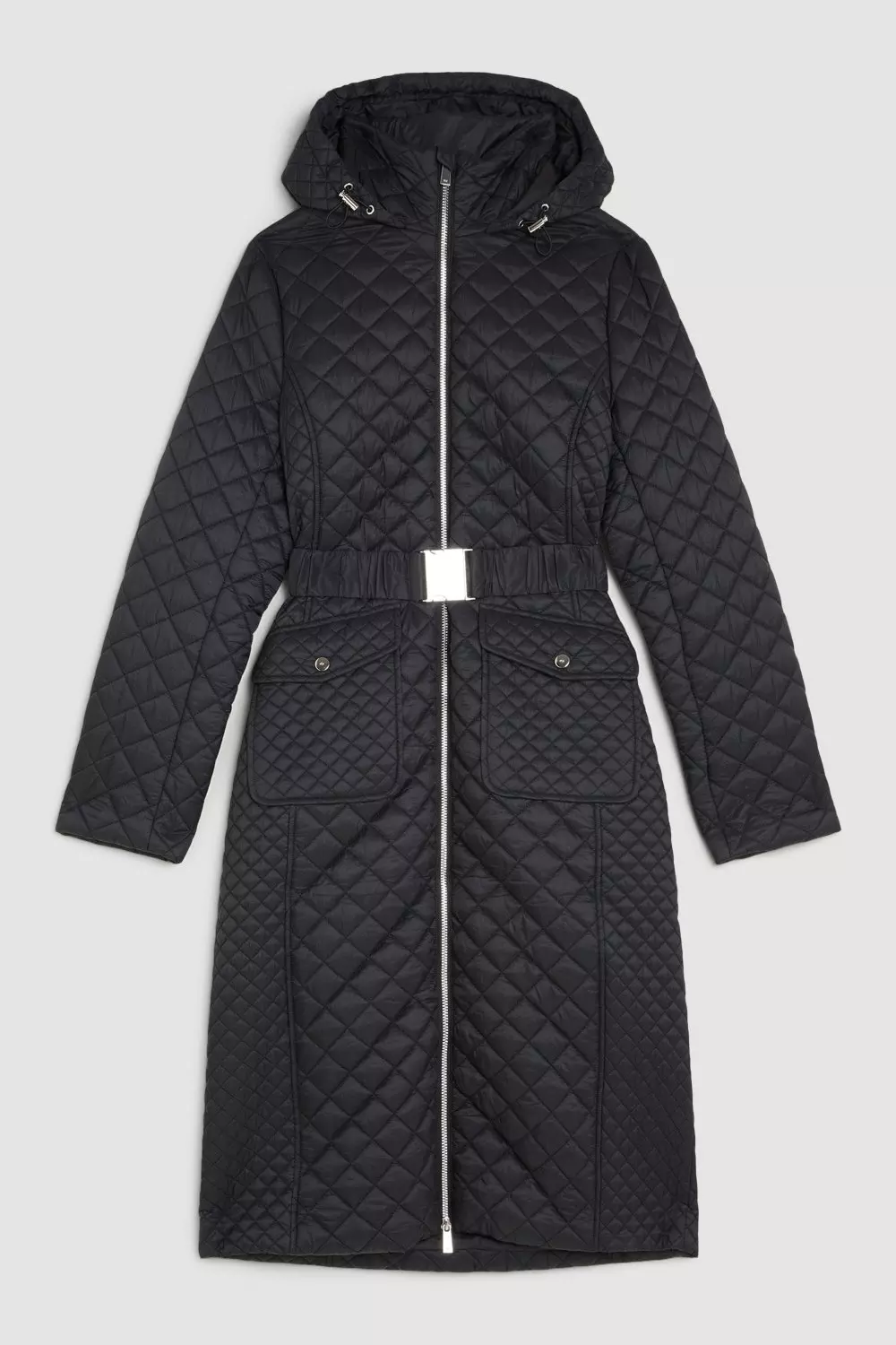 Black Lightweight Diamond Quilt Belted Hooded Longline Coat alternative image
