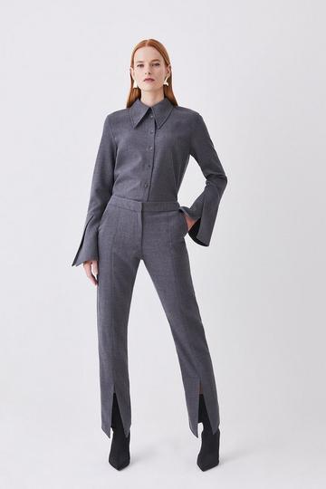 Grey Premium Wool Flannel Split Cuff Detail Slim Leg Trouser