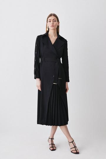Black Button Detail Pleated Detail Midi Dress