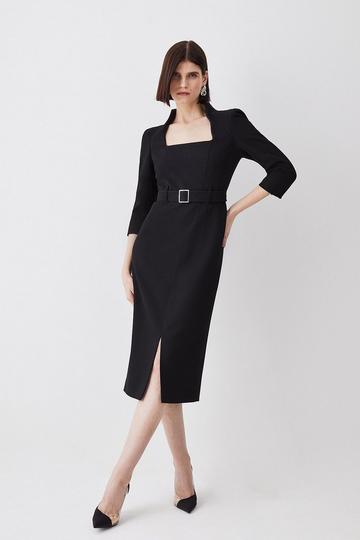 Structured Crepe Square Neck Split Front Midi Dress black