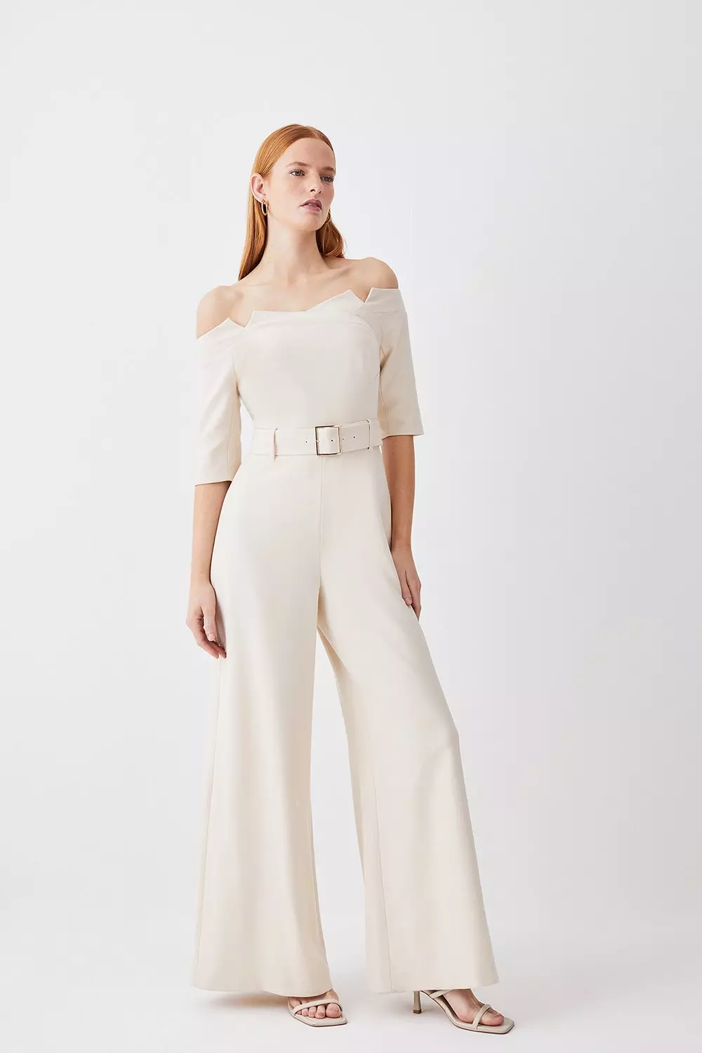 Petite Structured Crepe Off Shoulder Wide Leg Jumpsuit | Karen Millen