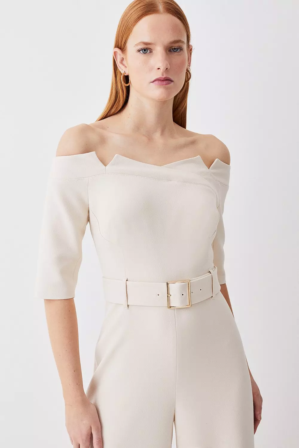 Petite Structured Crepe Off Shoulder Wide Leg Jumpsuit | Karen Millen