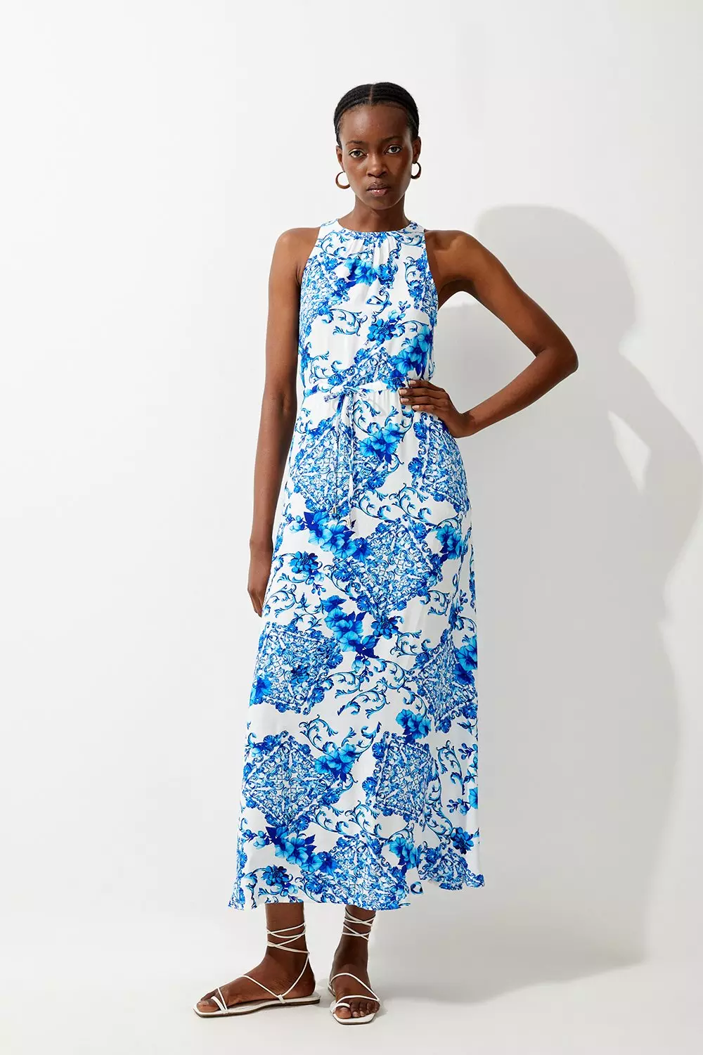 Tall Baroque Tile Tie Waist Drama Woven Maxi Dress Karen Millen