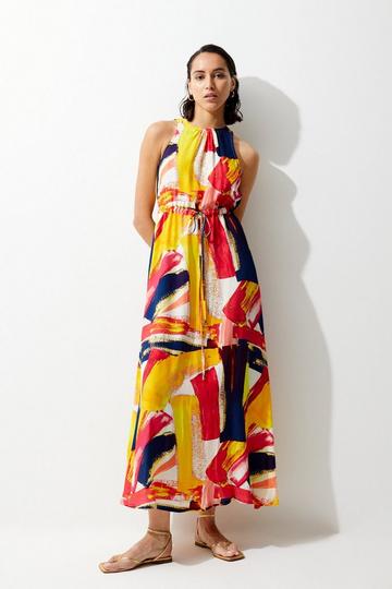 Paint Stroke Tie Waist Drama Woven Maxi Dress multi