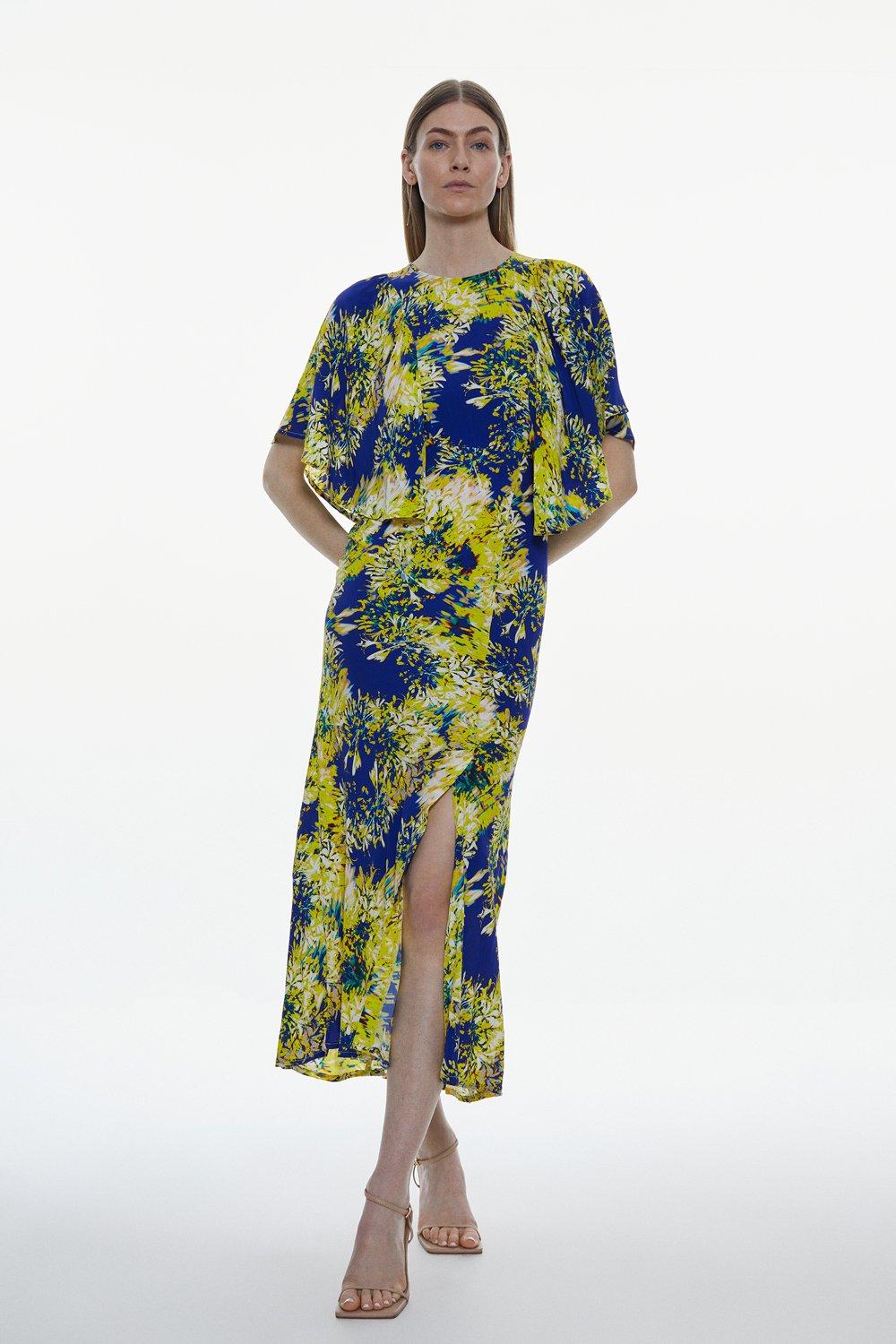 Exploded Floral Angel Sleeve Woven Maxi Dress | Karen Millen