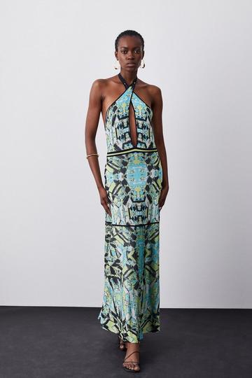 Blue Tall Slinky Knit Jacquard Geo Maxi Column Dress