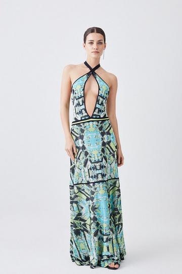 Blue Petite Slinky Knit Jacquard Geo Maxi Column Dress