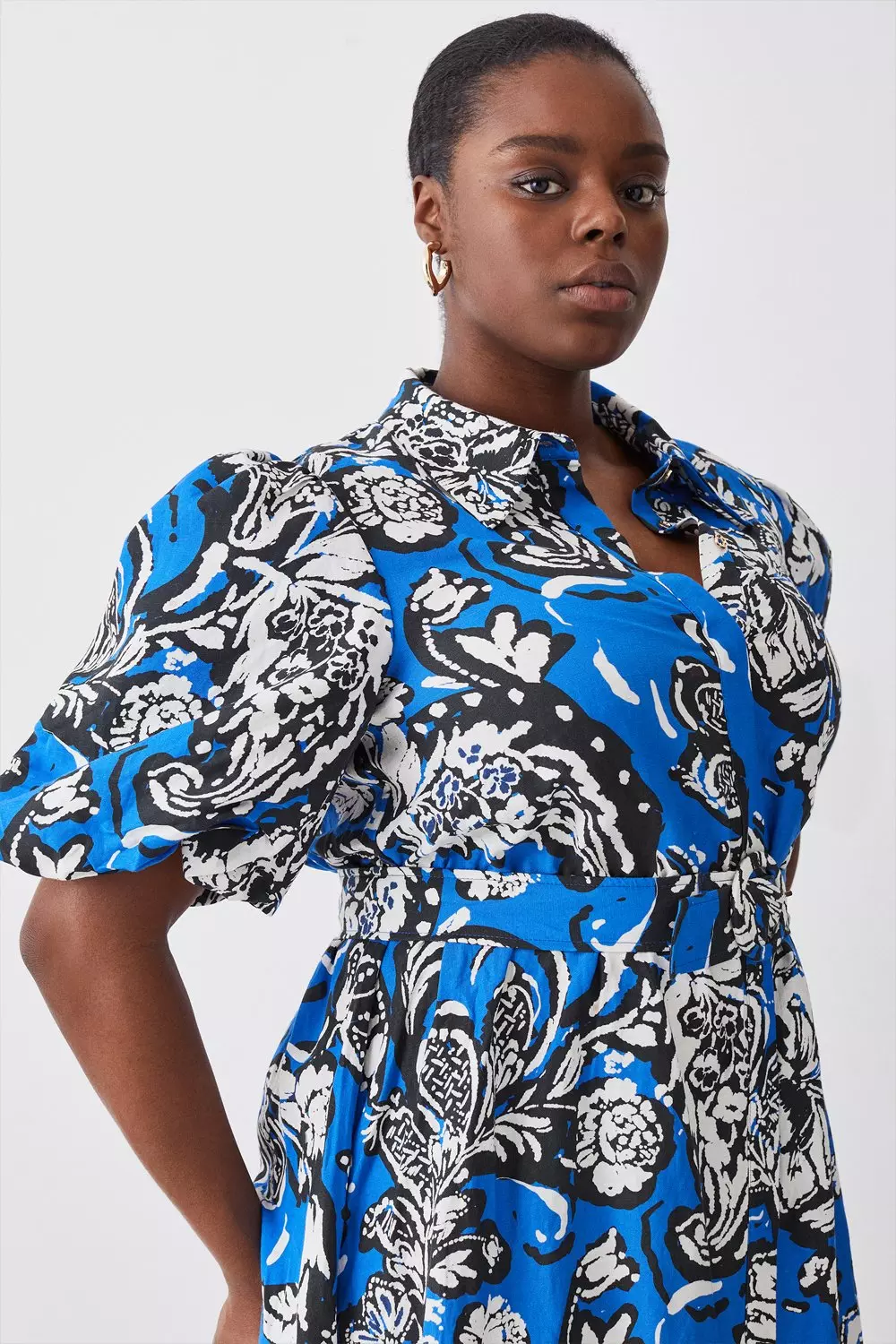 Plus Size Batik Viscose Linen Belted Midi Shirt Dress