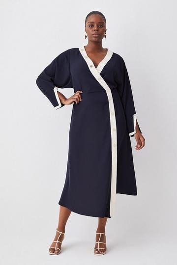 Navy Plus Size Twill Asymmetric Maxi Wrap Dress
