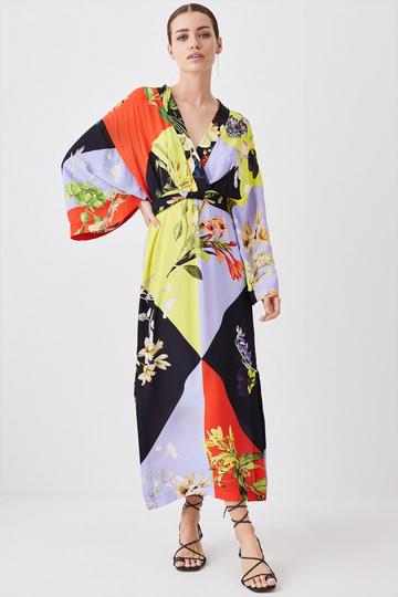Petite Color Block Floral Kimono Woven Midi Dress multi