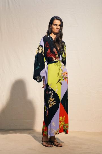 Color Block Floral Kimono Woven Midi Dress multi