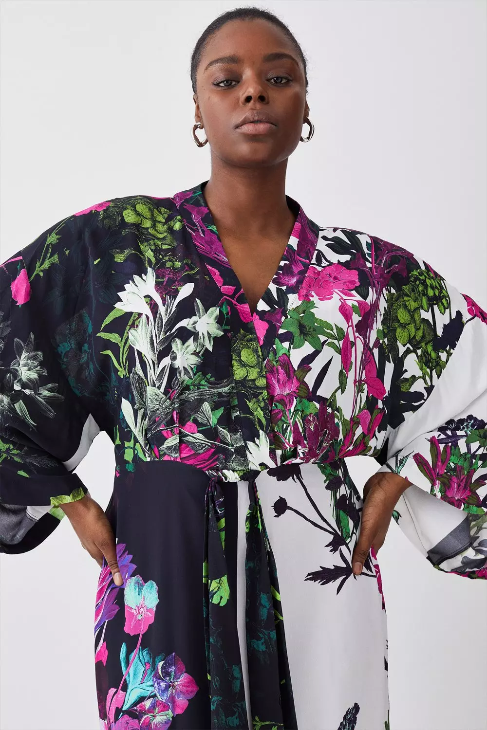 Plus Size Mono Colourblock Floral Kimono Woven Midi Dress Karen Millen