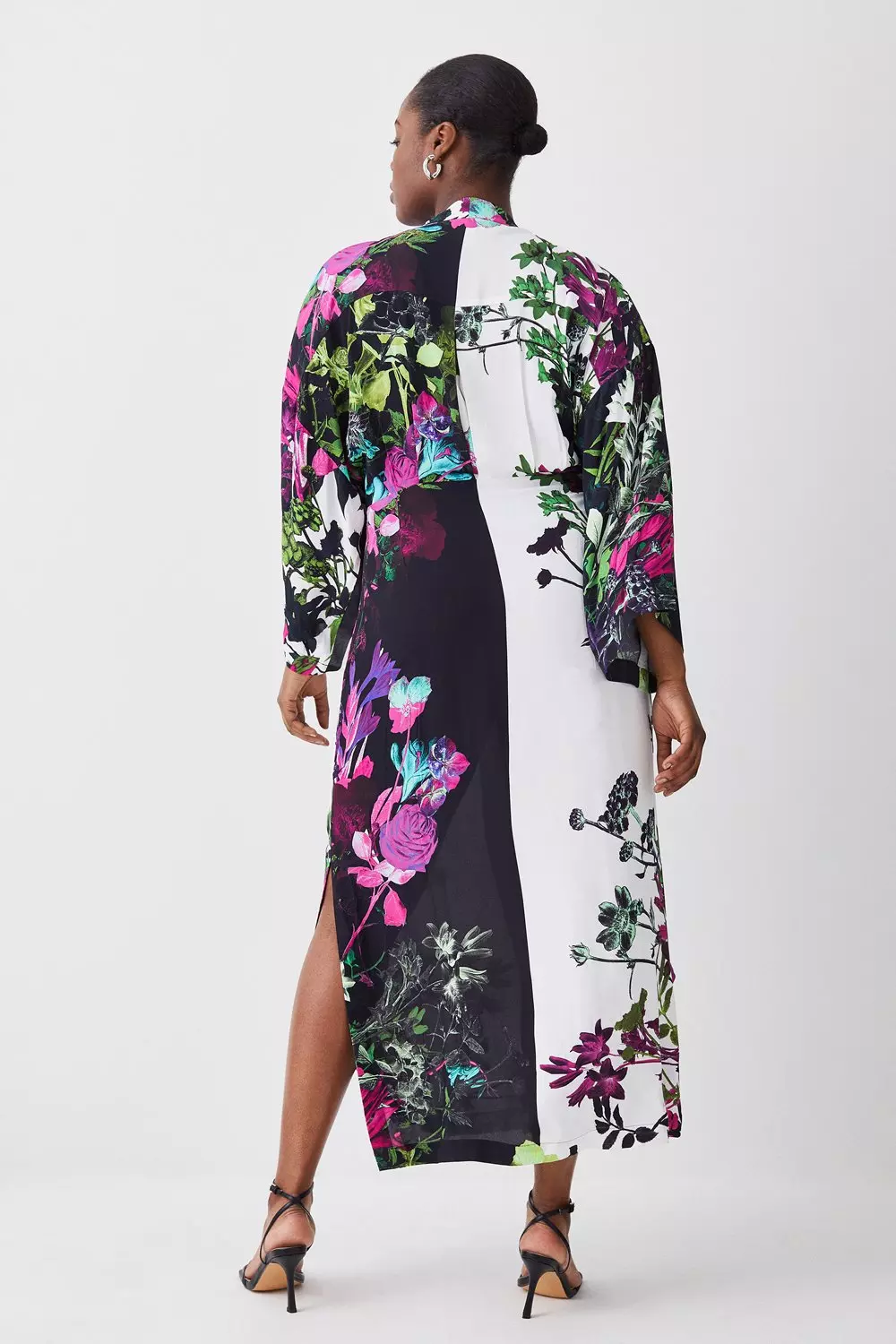 Plus Size Mono Colorblock Floral Kimono Woven Midi Dress