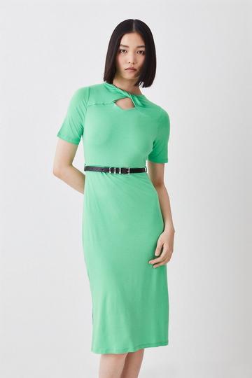 Green Cut Out Belted Viscose Blend Jersey Midi Dress