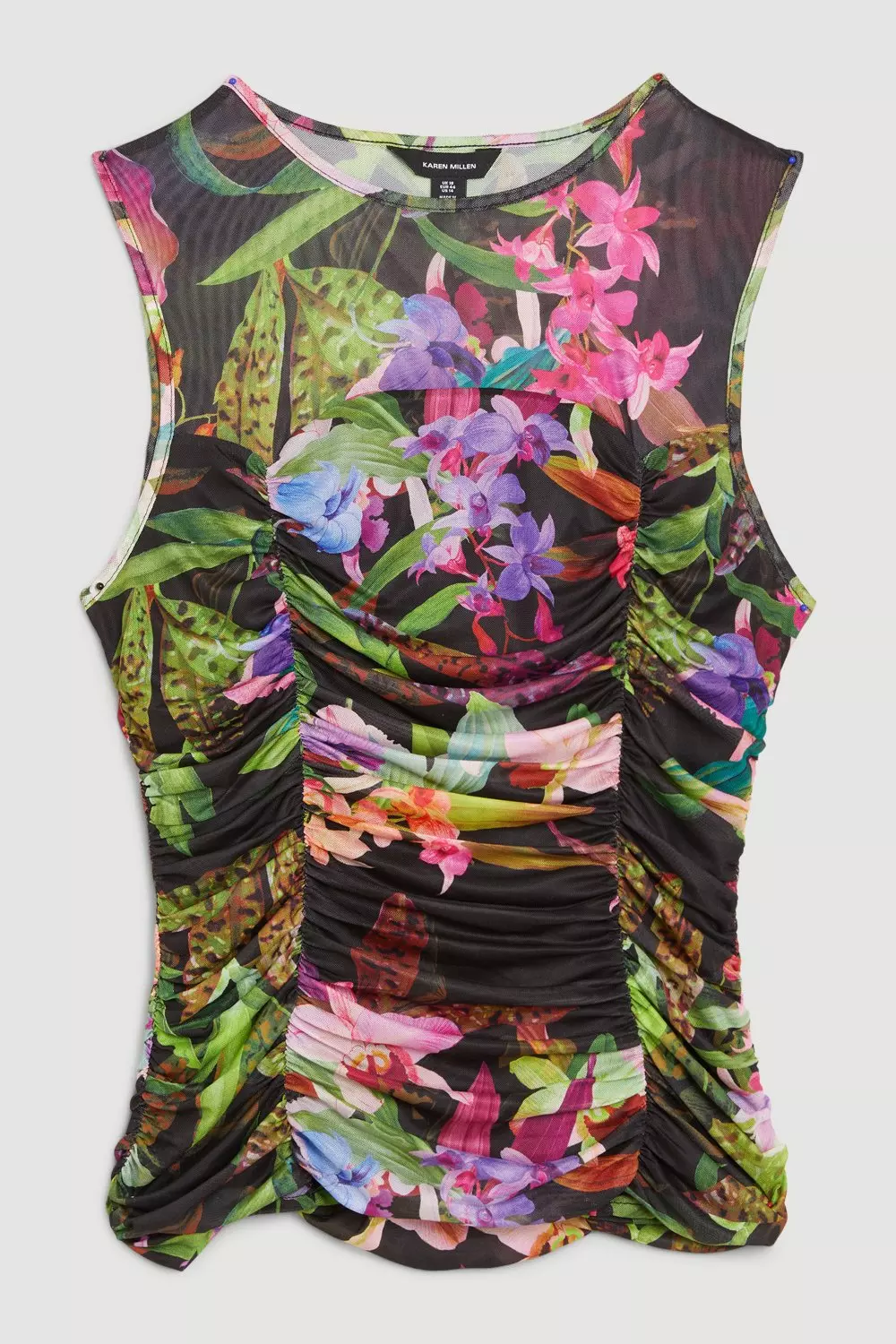 Plus Size Floral Print Mesh Ruched Jersey Top | Karen Millen