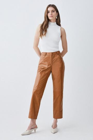 Leather Slim Leg 5 Pocket Detail Pants camel