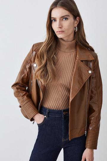 Leather Patent Panel Detail Biker Jacket camel