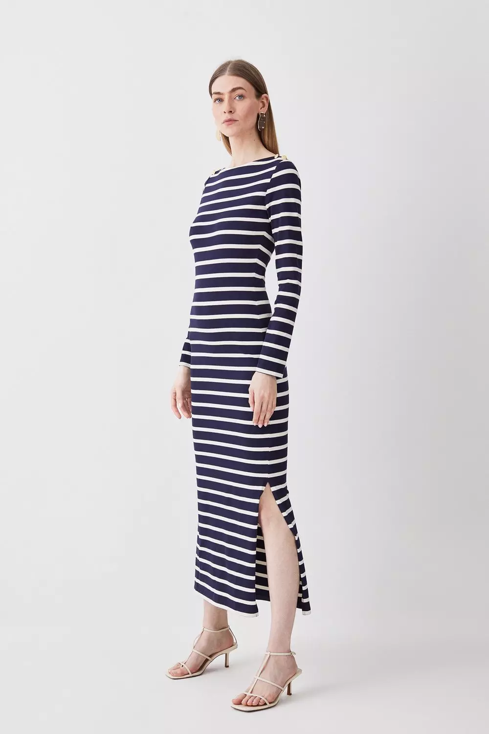 安心追跡【KAREN MILLEN】コットン ストライプ ミディドレス Cotton Woven Shirred Tiered Midi Dress | Karen Millen