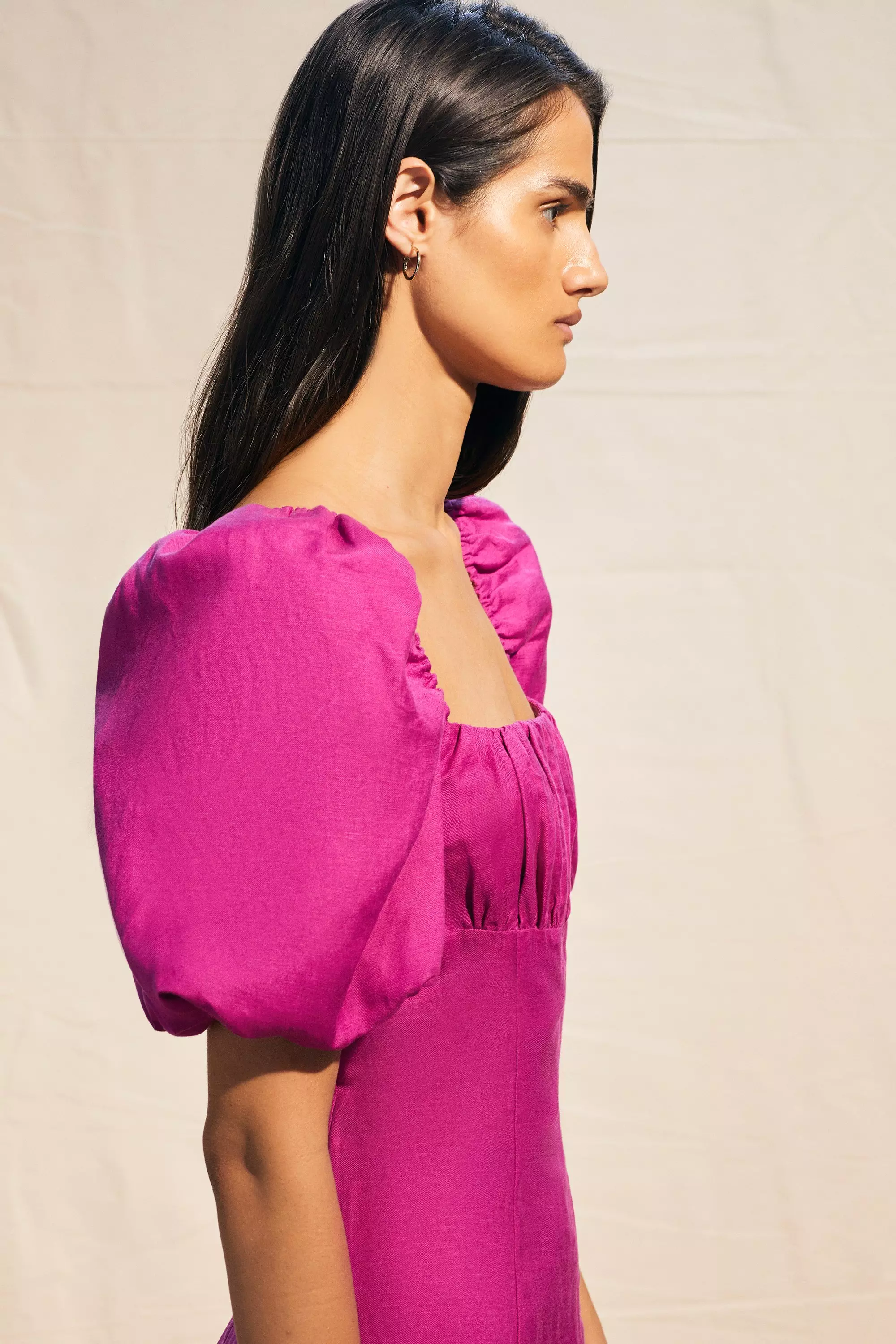 Linen Viscose Puff Sleeve Midi Sundress | Karen Millen
