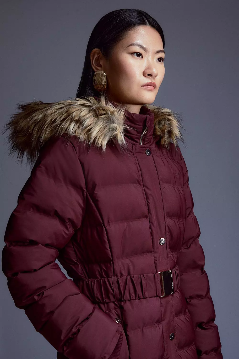 Heat Seal Puffer Belted Faux Fur Hood Longline Jacket | Karen Millen