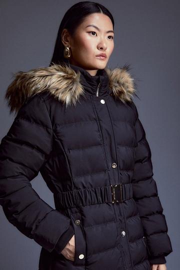 Black Heat Seal Puffer Belted Faux Fur Hood Longline Jacket