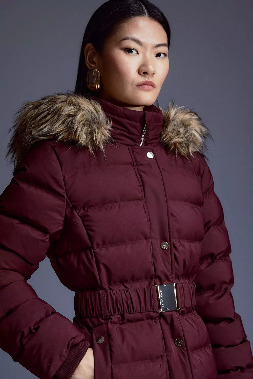 Burgundy puffer jacket with fur hood sale