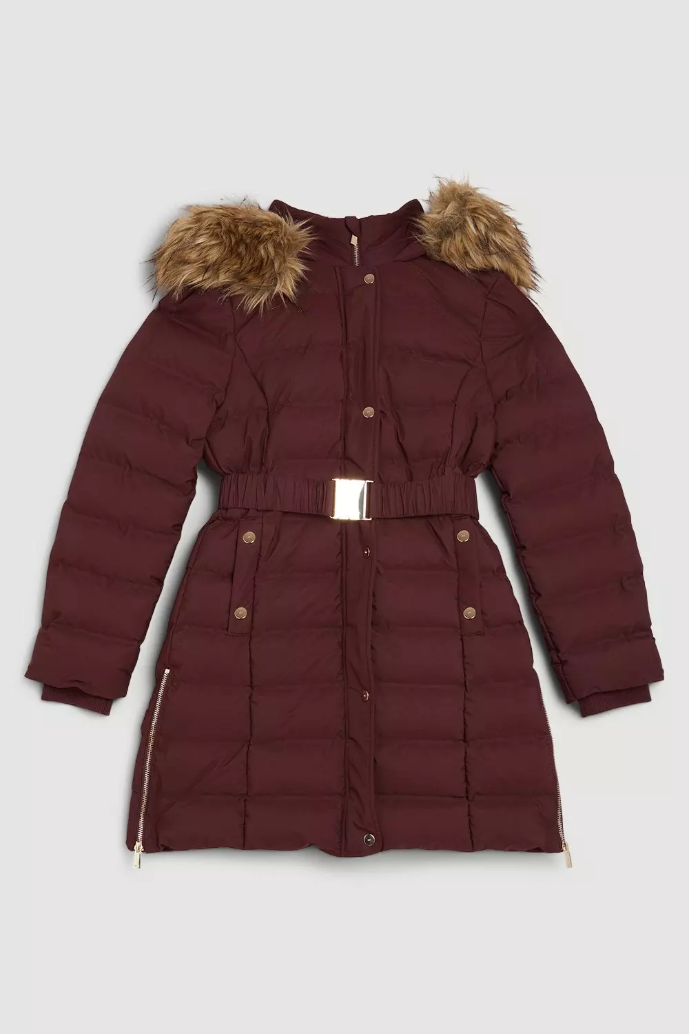 Heat Seal Puffer Belted Faux Fur Hood Jacket | Karen Millen