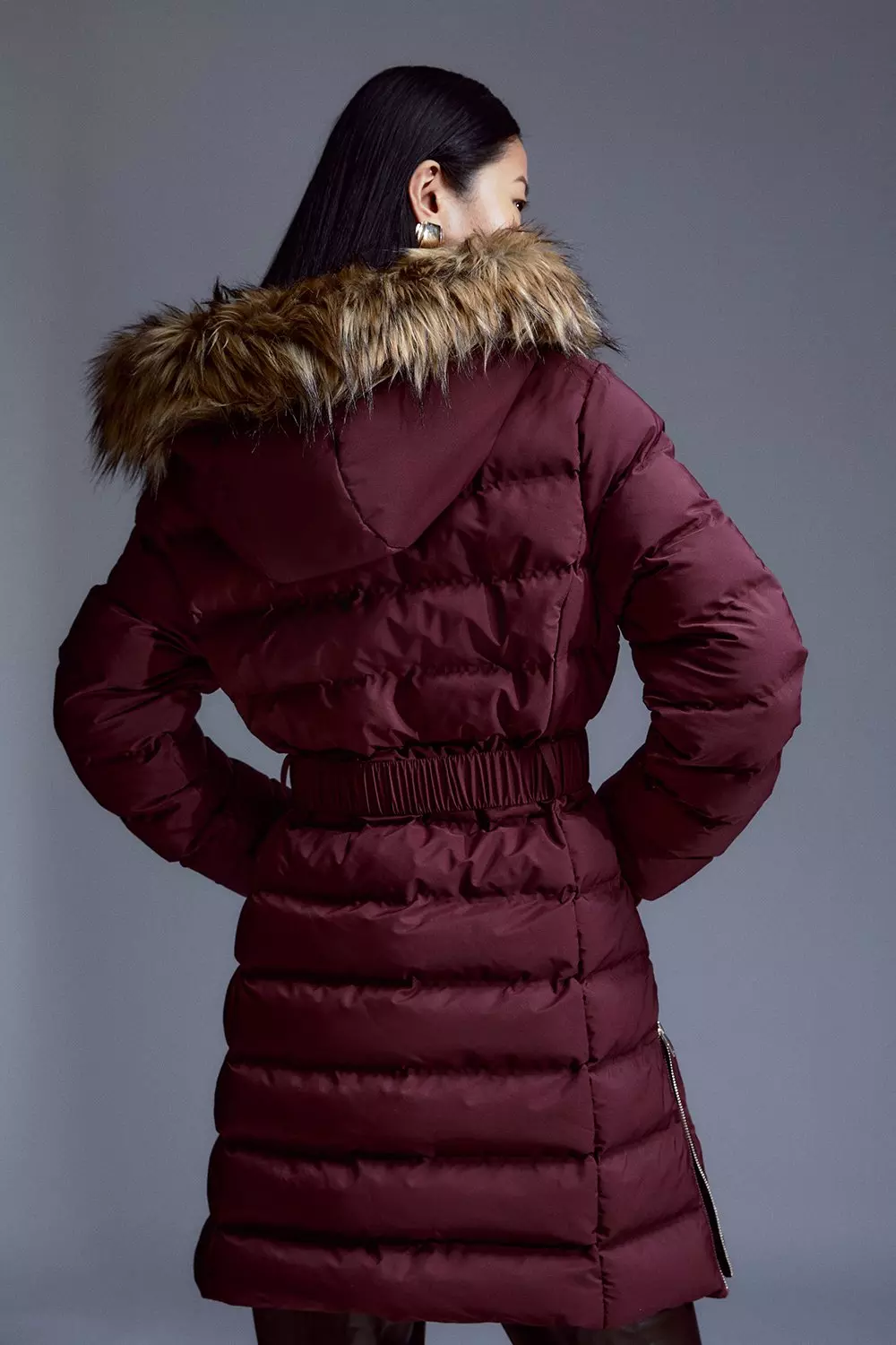 Heat Seal Puffer Belted Faux Fur Hood Jacket Karen Millen