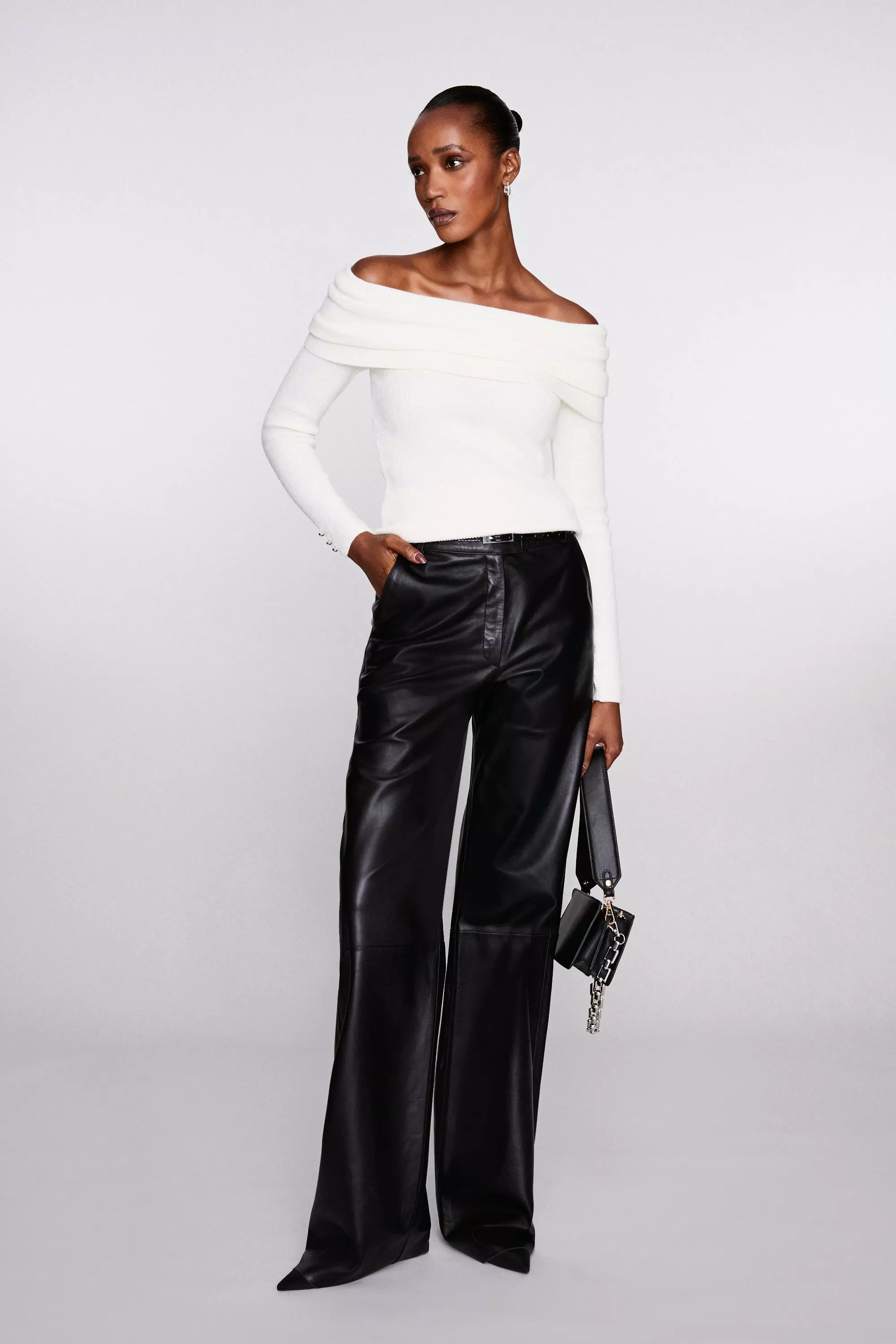 Petite Leather Clean Wide Leg Trousers Karen Millen