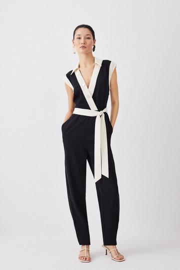 Black Tall Twill Button Detail Woven Wrap Jumpsuit