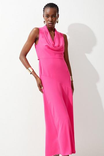 Pink Cowl Neck Woven Crepe Midi Dress