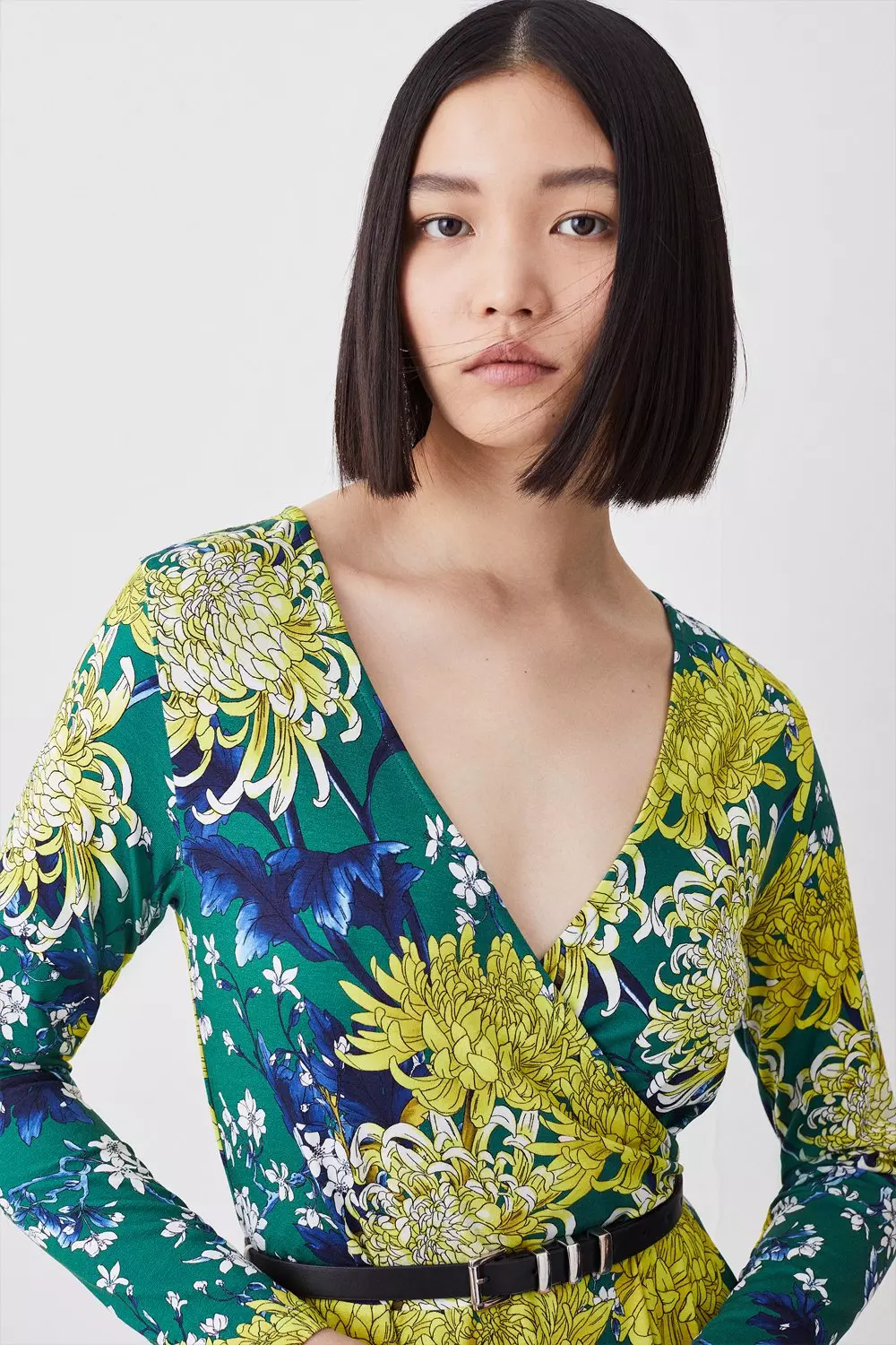 Floral Belted Viscose Blend Long Sleeve Jersey Skater Dress