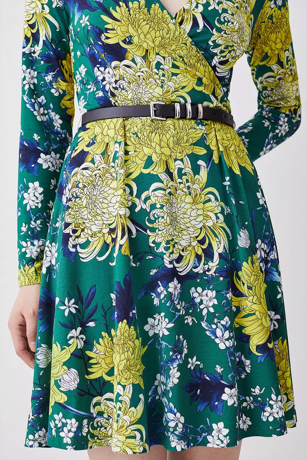 Floral Belted Viscose Blend Long Sleeve Jersey Skater Dress