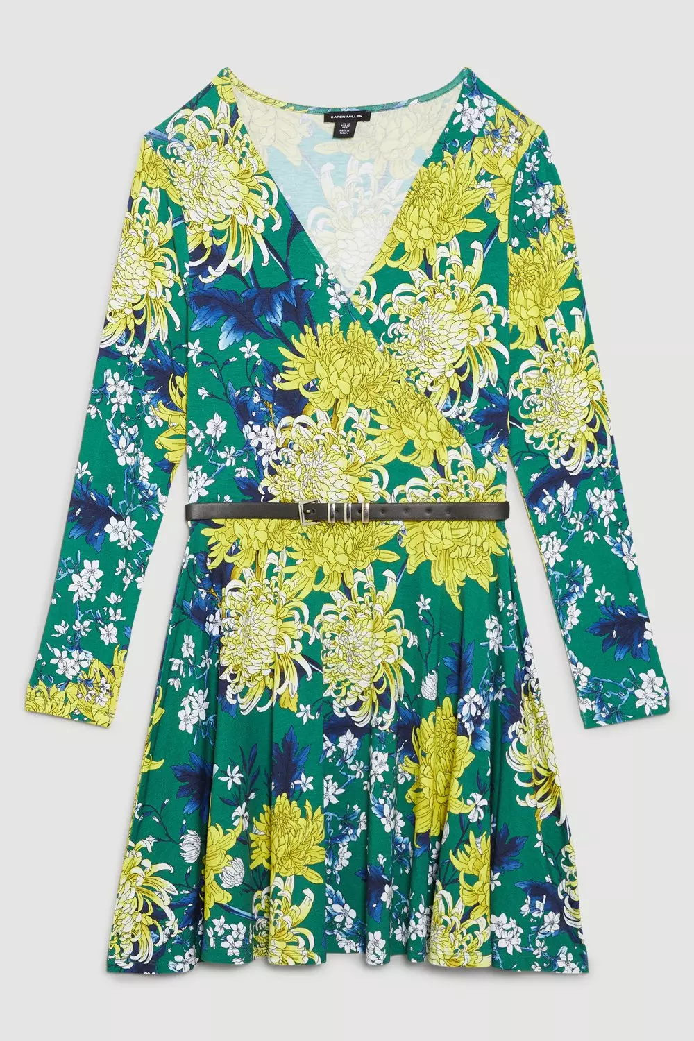 Floral Belted Viscose Blend Long Sleeve Jersey Skater Dress