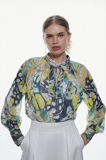 Floral Multi Butterfly Metallic Beaded Tie Neck Woven Blouse