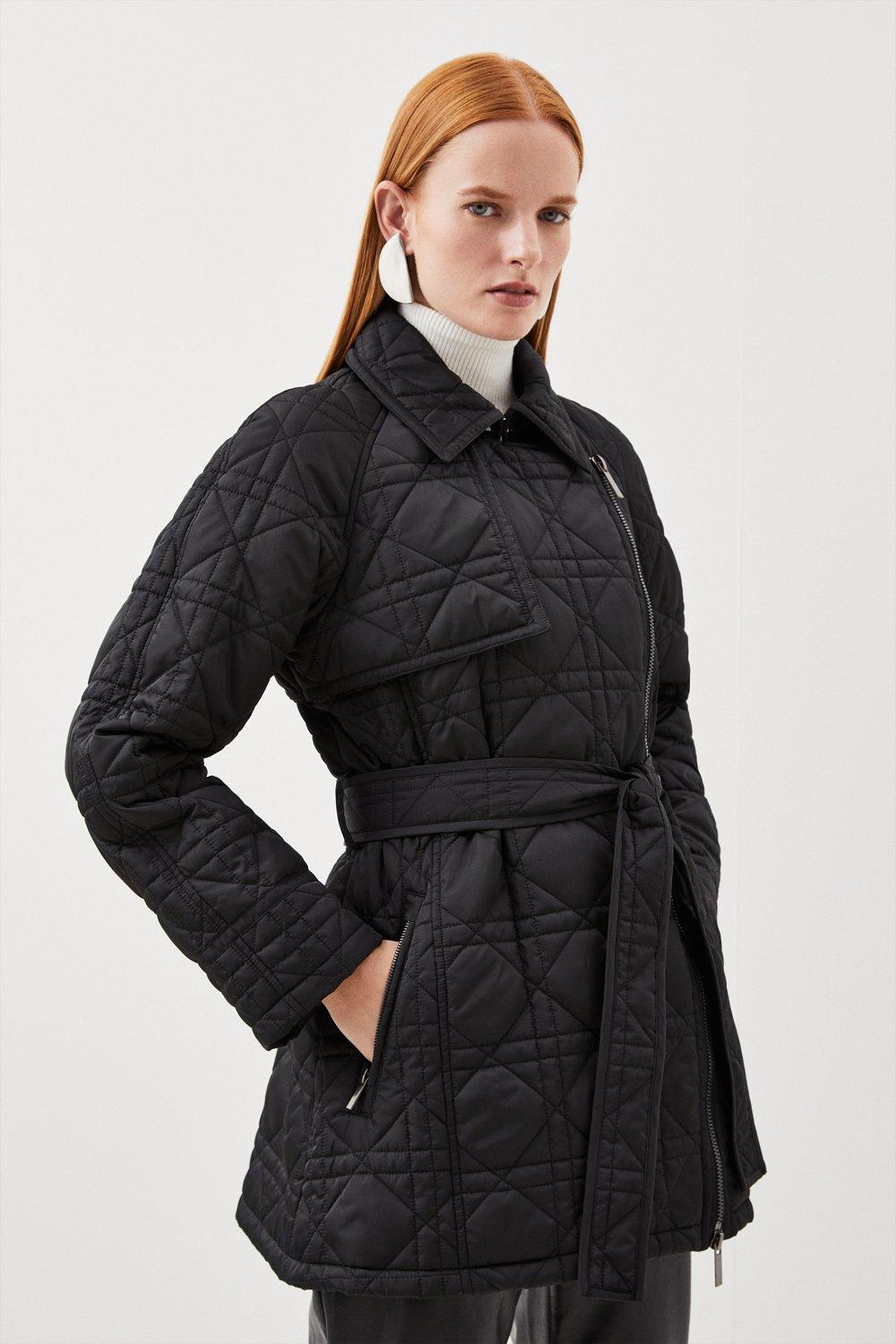 Tall Diamond Quilt Contrast Binding Short Trench Coat | Karen Millen