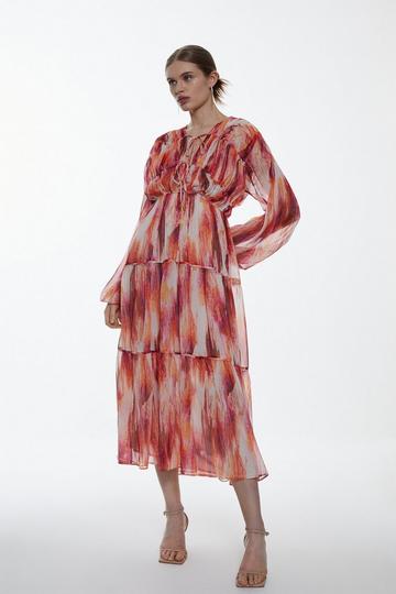 Watercolour Crinkle Shirred Tiered Woven Maxi Dress pink