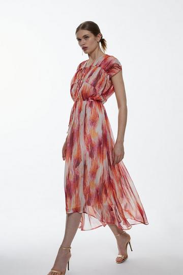 Watercolour Crinkle Shirred Woven Maxi Dress pink
