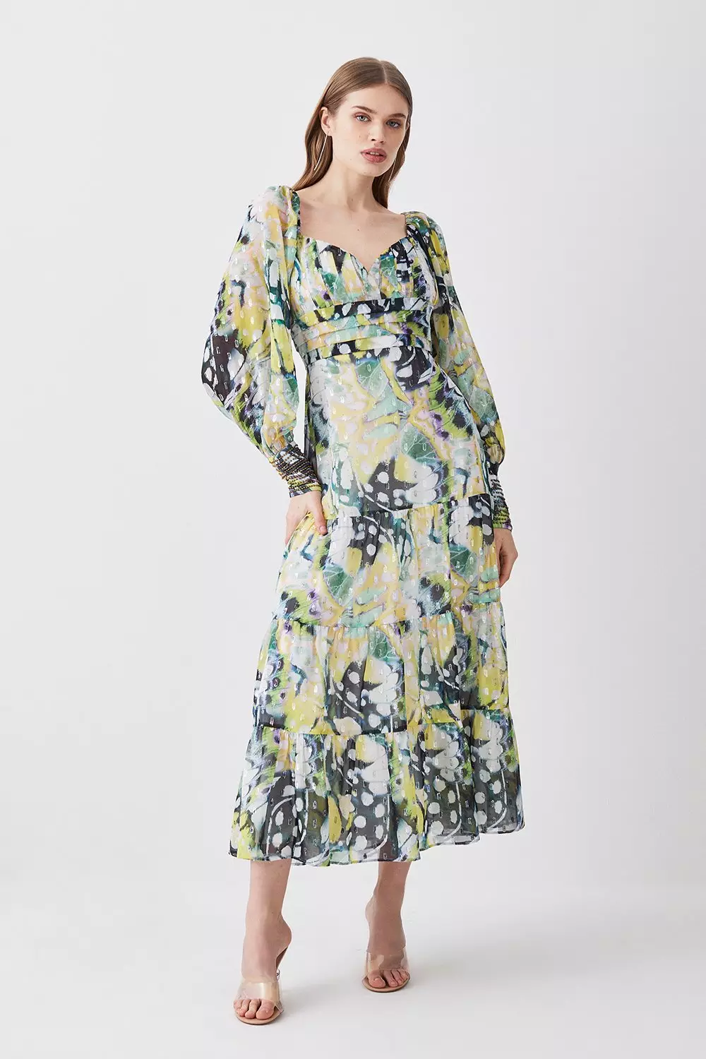 Petite Butterfly Metallic Beaded Cuff Woven Midi Dress