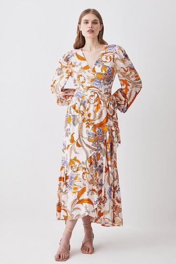 Batik Wrap Front High Low Midi Dress floral
